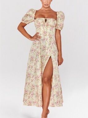 House of CB Cream Floral Puff-Sleeve Midi Dress with Pink & Green Print